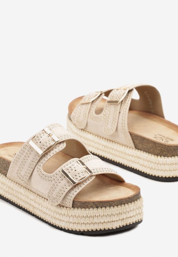 Renee - Beżowe Klapki z Regulowanymi Paskami na Grubej Podeszwie z Plecionką Udiriva. Okazja: na co dzień. Kolor: beżowy. Materiał: jeans. Wzór: paski, ażurowy. Sezon: lato. Styl: boho, casual, elegancki