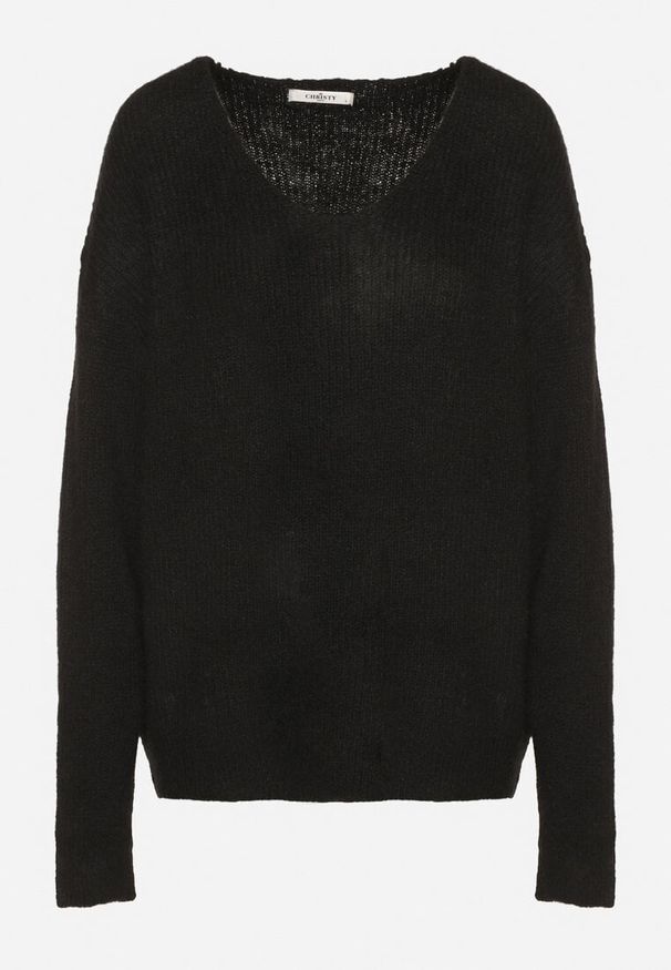 Born2be - Czarny Sweter z Dodatkiem Wełny i Trójkątnym Dekoltem Esmina. Okazja: na co dzień. Kolor: czarny. Materiał: wełna. Styl: elegancki, casual, klasyczny