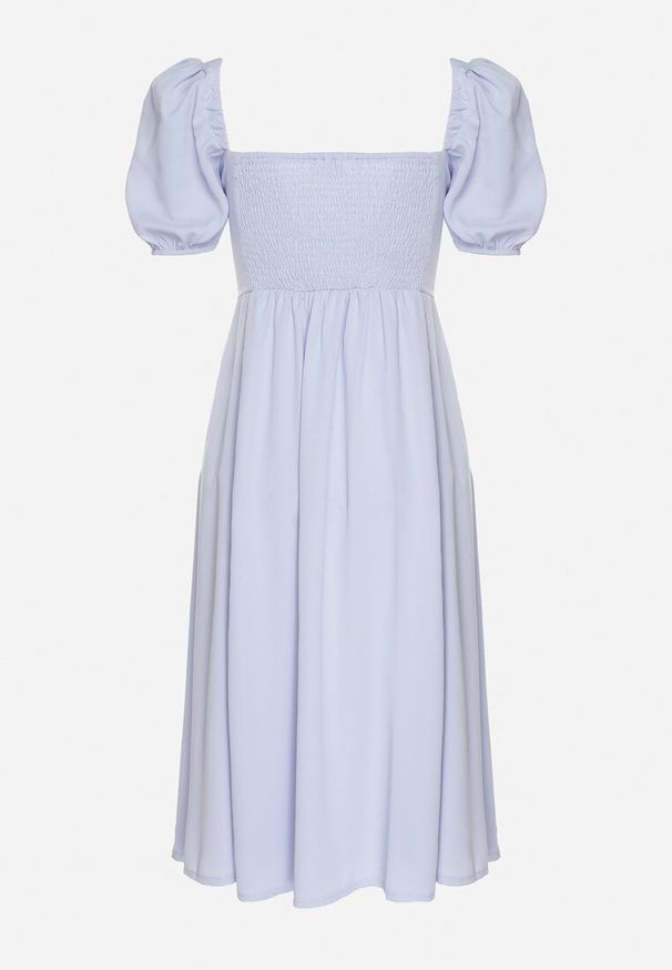 Born2be - Niebieska Sukienka w Rustykalnym Stylu z Wiązaniem przy Dekolcie i Rozcięciem Idanillea. Okazja: na co dzień, na spacer. Typ kołnierza: dekolt kwadratowy. Kolor: niebieski. Typ sukienki: rozkloszowane. Styl: casual