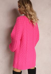 Renee - Fuksjowy Długi Sweter Ozdobiony Drobnym Splotem Killoe. Kolor: różowy. Materiał: jeans. Długość: długie. Wzór: aplikacja, ze splotem