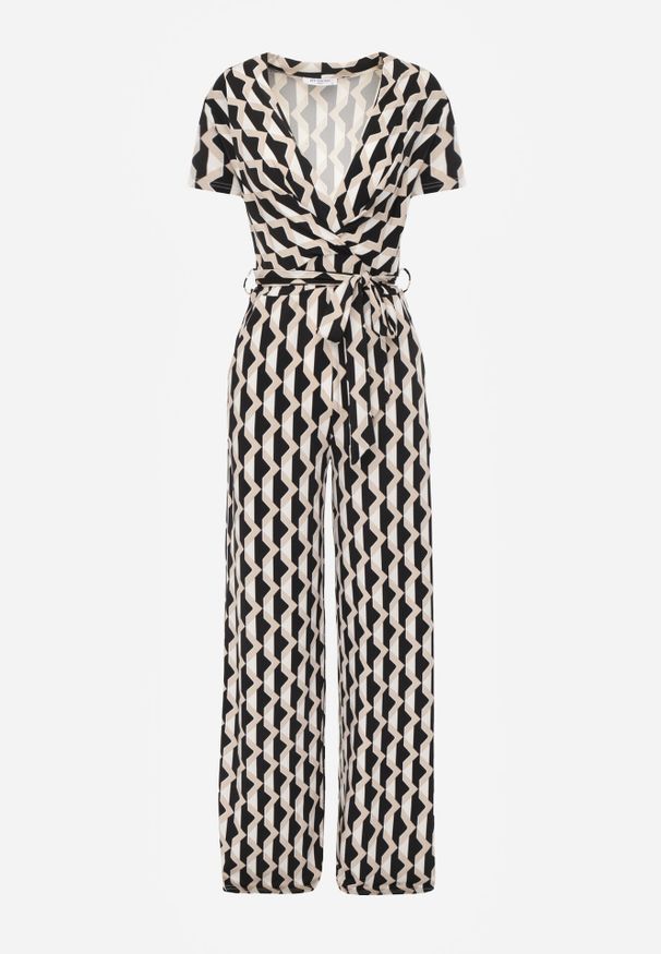 Born2be - Beżowy Długi Kombinezon Kopertowy Wiązany w Pasaie Braya. Kolor: beżowy. Materiał: materiał. Długość: długie. Wzór: aplikacja, geometria