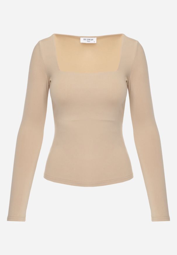 Renee - Beżowa Bluzka z Elastycznego Materiału o Kwadratowym Dekolcie z Wiskozą Nemosa. Typ kołnierza: dekolt kwadratowy. Kolor: beżowy. Materiał: wiskoza, materiał. Długość rękawa: długi rękaw. Długość: długie