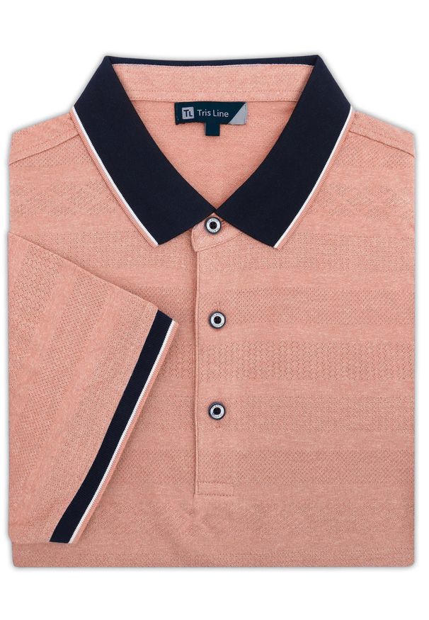 Lanieri Fashion - Męska przewiewna koszulka polo - łososiowa KP22. Typ kołnierza: polo. Kolor: różowy. Materiał: bawełna, poliester, materiał. Długość: krótkie. Wzór: kolorowy, kratka