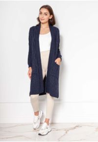 Lanti - Swetrowy Płaszcz bez Zapięcia z Warkoczami - Granatowy. Kolor: niebieski. Materiał: wełna, nylon, akryl #1