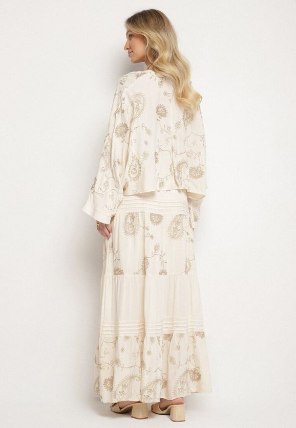 Born2be - Beżowy Komplet z Wiskozy w Stylu Boho Koszula Nietoperz i Spódnica Sepalisse. Kolor: beżowy. Materiał: wiskoza