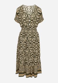 Born2be - Zielono-Beżowa Bawełniana Sukienka z Guzikami i Ornamentnym Wzorem Zisselle. Kolor: zielony. Materiał: bawełna #6