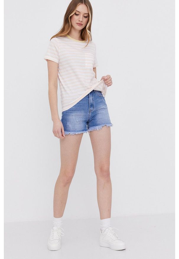Answear Lab Szorty jeansowe damskie gładkie high waist. Okazja: na co dzień. Stan: podwyższony. Kolor: niebieski. Materiał: jeans. Wzór: gładki. Styl: wakacyjny