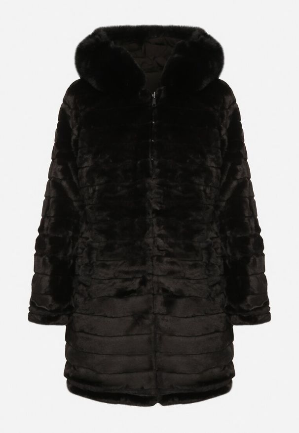 Born2be - Czarna Dwustronna Kurtka Parka Futerko z Kapturem Alorrise. Okazja: na co dzień. Typ kołnierza: kaptur. Kolor: czarny. Materiał: futro. Wzór: gładki. Styl: casual, elegancki