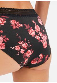 bonprix - Figi maxi panty z bawełny organicznej (4 pary). Kolor: czarny. Materiał: bawełna, koronka. Wzór: koronka #3