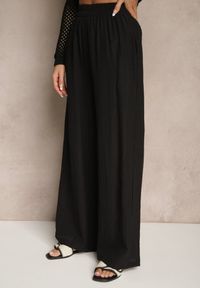 Renee - Czarne Wiskozowe Spodnie Palazzo High Waist z Lnem Linaselia. Okazja: na co dzień. Stan: podwyższony. Kolor: czarny. Materiał: len, wiskoza. Styl: elegancki, casual #5