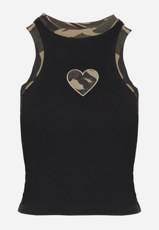 Born2be - Czarny Top z Bawełny Ozdobiony Moro Sercem i Cyrkoniami Lisarosa. Okazja: na co dzień. Kolor: czarny. Materiał: bawełna. Wzór: moro, aplikacja. Styl: casual, klasyczny