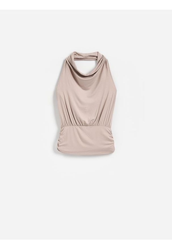 Reserved - Top z dekoltem halter - beżowy. Typ kołnierza: dekolt halter. Kolor: beżowy. Materiał: wiskoza, dzianina