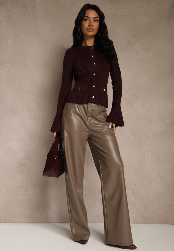 Renee - Bordowy Elegancki Prążkowany Kardigan z Wiskozą Guzikami i Rozszerzanymi Rękawami Otila. Okazja: na co dzień. Kolor: czerwony. Materiał: prążkowany, wiskoza. Styl: elegancki