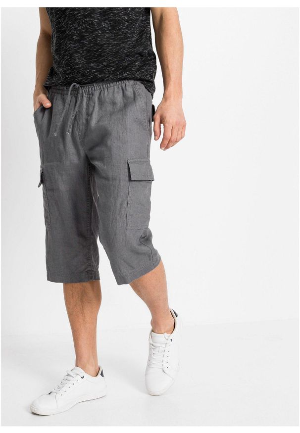 bonprix - Bermudy bojówki z przewiewnej mieszanki lnu, regular fit. Kolor: szary. Materiał: len, materiał