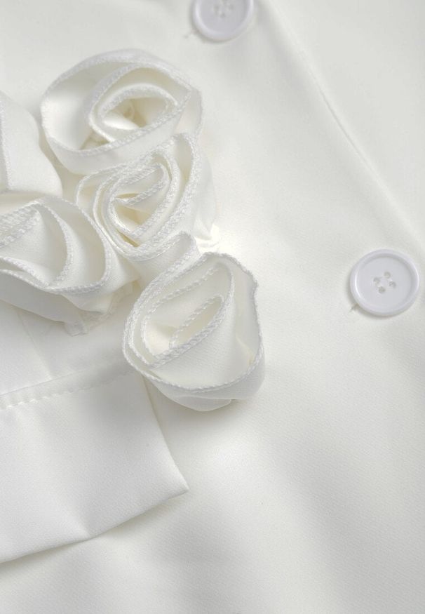 Renee - Biała Marynarka Sukienka z Aplikacjami 3D w Kształcie Kwiatów i Zapięciem na Guziki Lorira. Okazja: do pracy, na co dzień, na spotkanie biznesowe. Kolor: biały. Materiał: jeans. Wzór: aplikacja, kwiaty. Styl: elegancki, biznesowy, klasyczny, casual