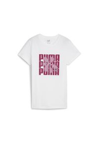Puma - Damska koszulka GRAPHICS PUMA White. Kolor: biały. Materiał: bawełna. Wzór: nadruk. Sport: fitness, joga i pilates