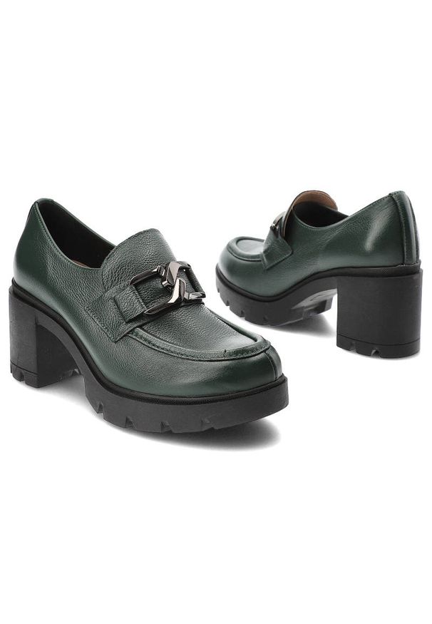 Oliwkowe Półbuty Lemar Damskie Wygodne Obuwie. Okazja: na co dzień. Zapięcie: klamry. Kolor: zielony. Materiał: skóra. Obcas: na obcasie. Styl: casual, elegancki. Wysokość obcasa: średni