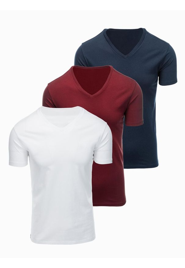 Ombre Clothing - Zestaw męskich koszulek bawełnianych V-neck BASIC – biały/granatowy/bordowy V13 - Rozmiar: M. Okazja: na co dzień, do pracy. Typ kołnierza: dekolt w serek. Kolor: czerwony. Materiał: bawełna. Długość: długie. Wzór: jednolity, gładki. Styl: casual