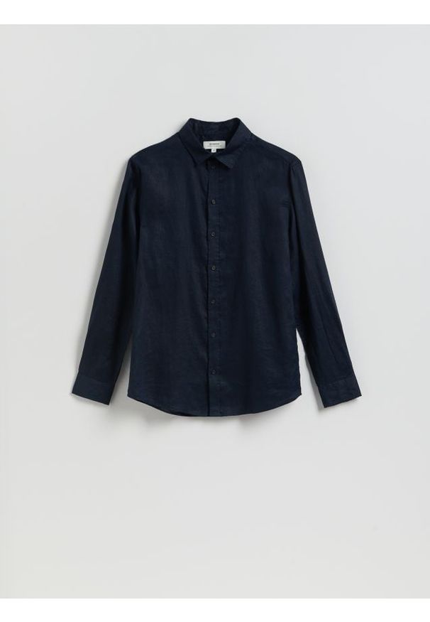 Reserved - Lniana koszula slim fit - granatowy. Kolor: niebieski. Materiał: len