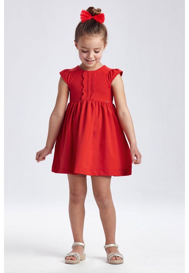 Mayoral - Sukienka dziecięca. Kolor: czerwony. Materiał: bawełna, poliester, dzianina, elastan. Długość rękawa: krótki rękaw. Wzór: gładki. Typ sukienki: rozkloszowane. Długość: mini