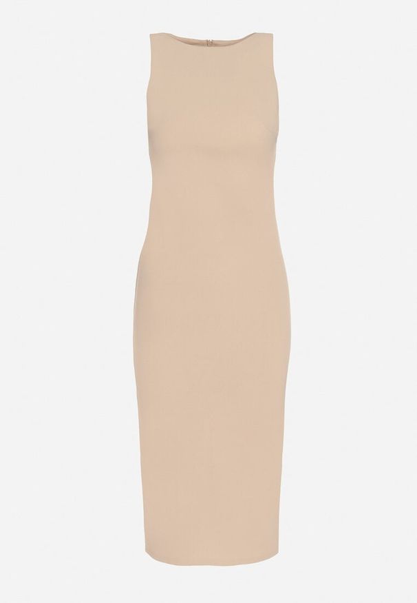 Born2be - Jasnobeżowa Sukienka z Wiskozą o Dopasowanym Kroju z Rozcięciem z Tyłu Denama. Okazja: na co dzień. Kolor: beżowy. Materiał: wiskoza. Styl: casual, elegancki, klasyczny