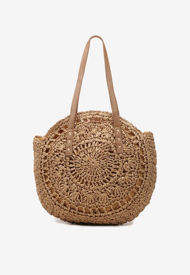Renee - Ciemnobeżowa Boho Torebka z Plecionki z Dwoma Uchwytami Zapinana na Suwak Saiph. Kolor: beżowy. Styl: boho