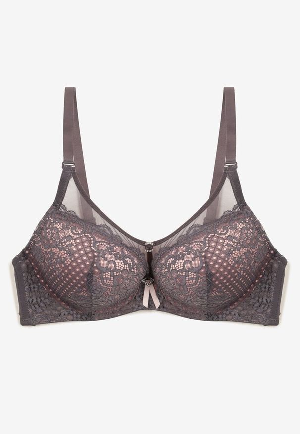 Renee - Szaro-Różowy Biustonosz Push-Up z Koronki Ozdobiony Metalową Aplikacją Arissta. Kolor: szary. Materiał: koronka. Rodzaj stanika: push-up. Wzór: aplikacja, koronka