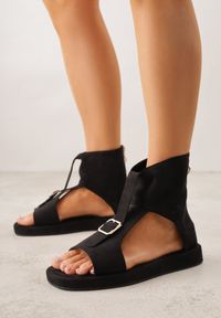 Born2be - Czarne Sandały w Stylu Botków z Ozdobną Klamrą Theaneasi. Okazja: na co dzień. Zapięcie: klamry. Kolor: czarny. Materiał: jeans. Styl: casual, elegancki, klasyczny #1