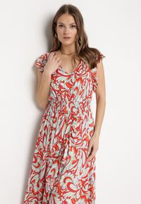 Born2be - Beżowo-Pomarańczowa Asymetryczna Sukienka z Gumką w Pasie z Falbankami z Wiskozy Venimra. Typ kołnierza: kołnierz z falbankami. Kolor: beżowy. Materiał: wiskoza. Typ sukienki: asymetryczne #6