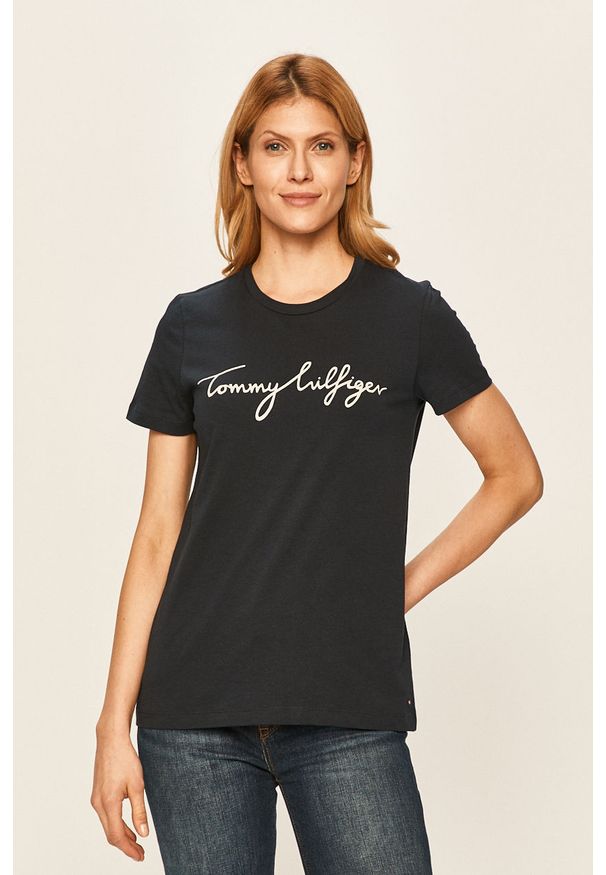 TOMMY HILFIGER - Tommy Hilfiger - T-shirt. Okazja: na co dzień. Kolor: niebieski. Materiał: bawełna, dzianina. Wzór: nadruk. Styl: casual