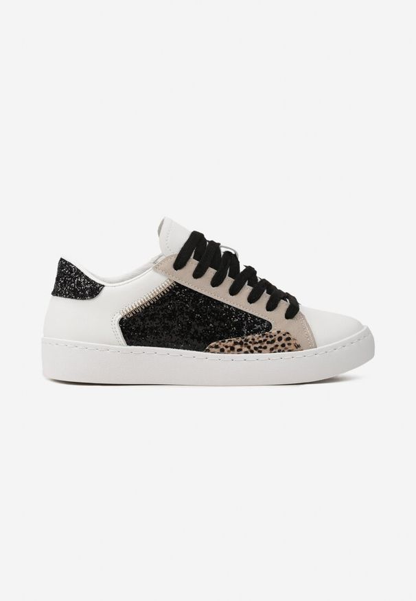Born2be - Biało-Czarne Kolorowe Sneakersy z Brokatową Wstawką i Sznurowaniem Livora. Kolor: biały. Szerokość cholewki: normalna. Wzór: kolorowy. Obcas: na płaskiej podeszwie