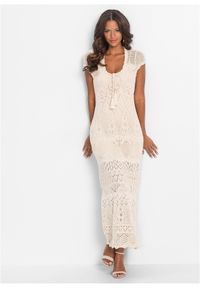 bonprix - Sukienka z ażurowej dzianiny. Kolor: beżowy. Materiał: dzianina. Wzór: ażurowy. Sezon: lato #1