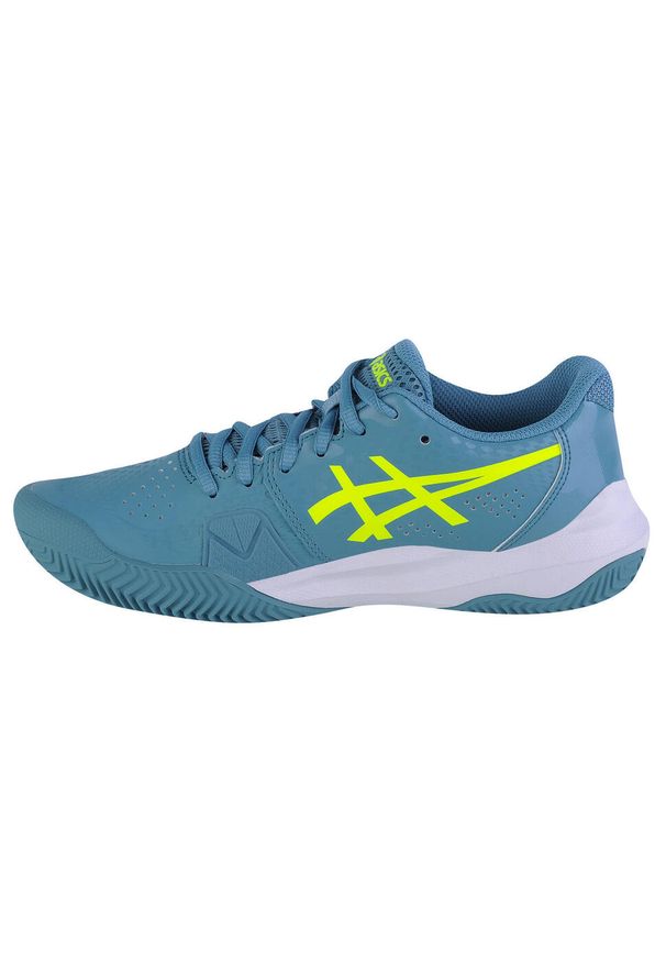 Kobieta Tenis Buty Stabilne Asics Gel-Challenger 14 Niebiesko-Szare. Zapięcie: sznurówki. Kolor: niebieski, żółty, wielokolorowy. Materiał: syntetyk, tkanina, materiał. Szerokość cholewki: normalna. Sport: tenis