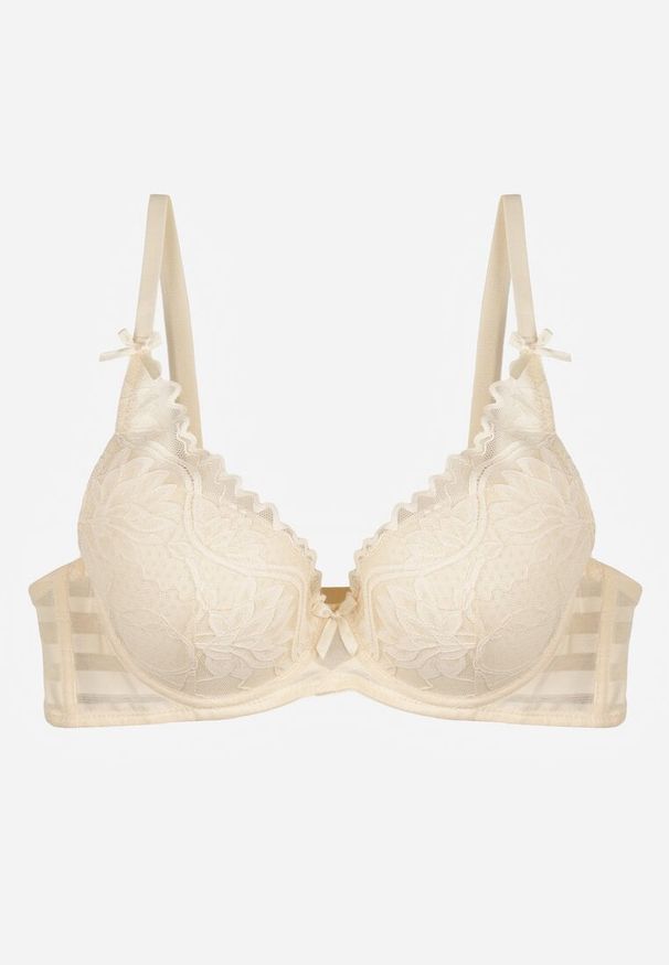 Renee - Jasnobeżowy Biustonosz Zdobiony Koronką i Kokardami Morgavia. Kolor: beżowy. Materiał: koronka. Wzór: koronka, aplikacja