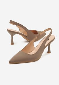 Renee - Ciemnobeżowe Sandały na Szpilce Typu Slingback Melovelle. Okazja: na co dzień. Kolor: beżowy. Materiał: jeans. Obcas: na szpilce. Styl: elegancki, casual