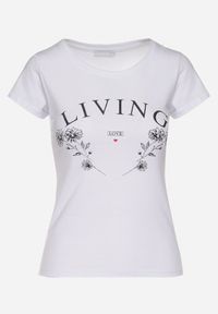 Born2be - Biały Bawełniany T-shirt z Napisem Living i Nadrukiem Commea. Okazja: na co dzień. Kolor: biały. Materiał: bawełna. Wzór: napisy, nadruk. Styl: casual, elegancki #4