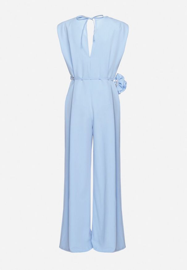 Born2be - Niebieski Wiązany Kombinezon z Prostymi Nogawkami i Wiskozą oraz Kwiatową Aplikacją Dimenna. Kolor: niebieski. Materiał: wiskoza. Wzór: aplikacja, kwiaty. Styl: elegancki