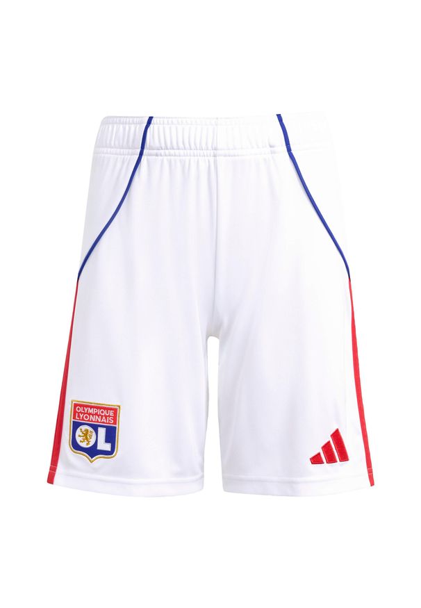 Adidas - Krótki dres dziecięcy OL 2025/26. Kolor: biały. Materiał: dresówka. Długość: krótkie. Styl: młodzieżowy, sportowy