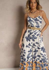 Renee - Niebiesko-Beżowy Kombinezon Wide Leg z Wiskozą na Ramiączkach Iffiane. Okazja: na co dzień. Kolor: niebieski. Materiał: wiskoza. Długość rękawa: na ramiączkach. Sezon: lato, wiosna. Styl: klasyczny, elegancki, casual