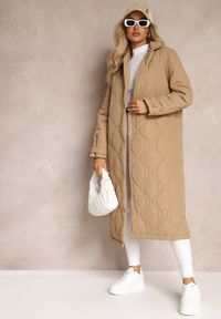 Renee - Beżowy Długi Płaszcz Kurtka Ozdobiona Pikowaniem Hamid. Kolor: beżowy. Długość: długie. Wzór: aplikacja #4