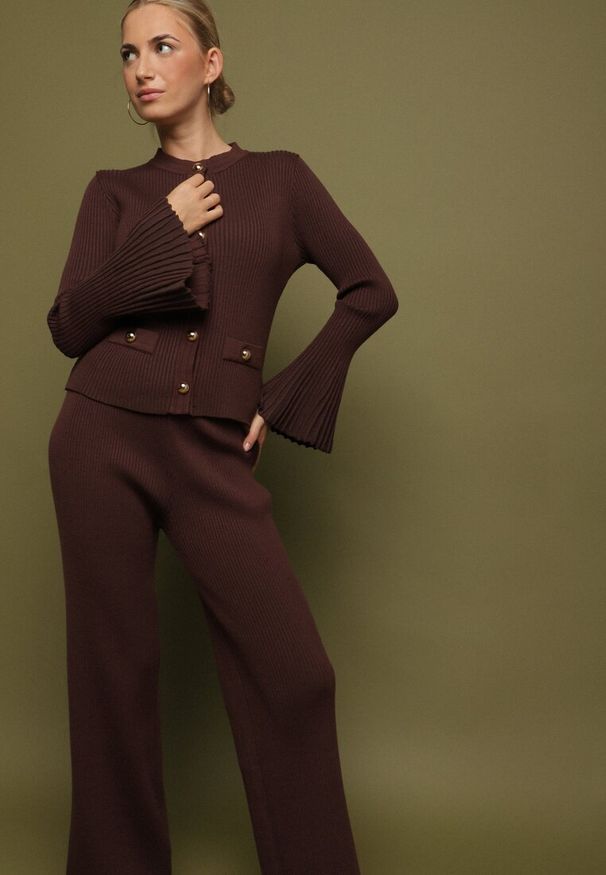 Born2be - Brązowy Dzianinowy Komplet z Wiskozą Kardigan i Szerokie Spodnie Conella. Kolor: brązowy. Materiał: wiskoza, dzianina