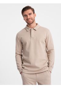 Ombre Clothing - Komplet męski dresowy bluza z kołnierzem polo + spodnie - beżowy V2. Typ kołnierza: polo. Kolor: beżowy. Materiał: dresówka #6