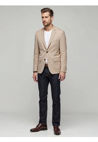 Ombre Clothing - Elegancka męska marynarka SLIM FIT z rayonem – beżowa V2 - Rozmiar: L. Kolor: beżowy. Materiał: tkanina, poliester, materiał. Wzór: ze splotem. Styl: elegancki #3