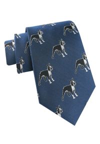 Jedwabny Krawat Męski - His Story - Niebieski, Wzór Psów (Boston Terrier). Kolor: niebieski. Materiał: jedwab. Styl: klasyczny, elegancki