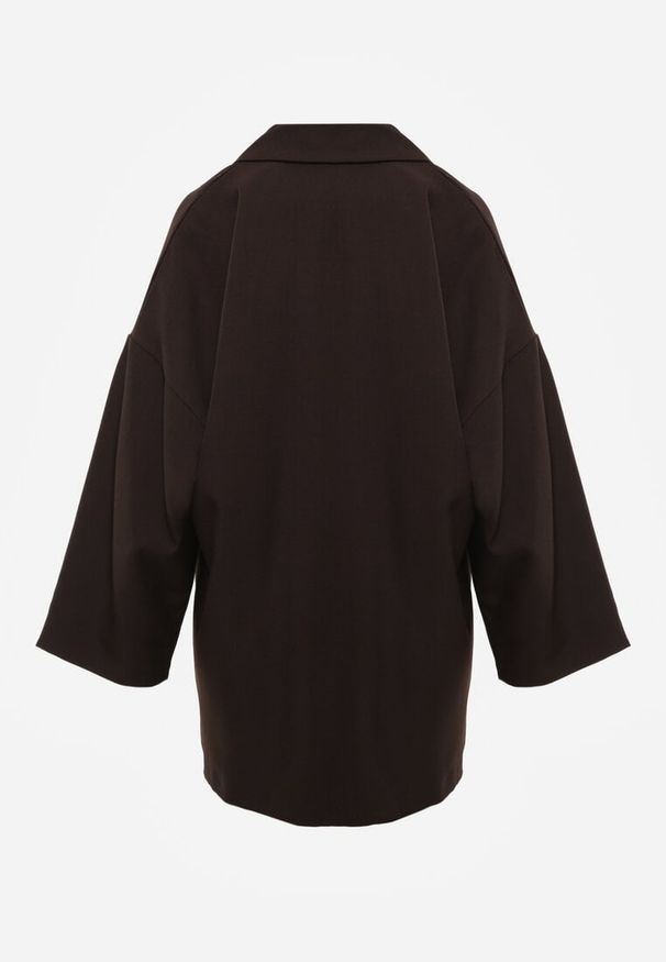 Renee - Brązowa Oversizowa Marynarka z Klapami i Dwurzędowym Zapięciem Sinthelis. Okazja: na co dzień, na spotkanie biznesowe. Kolor: brązowy. Wzór: aplikacja. Styl: casual, biznesowy, elegancki