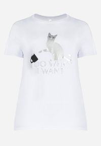 Born2be - Biały T-shirt z Błyszczącym Nadrukiem Kotka Shanaia. Kolekcja: plus size. Kolor: biały. Wzór: nadruk #5