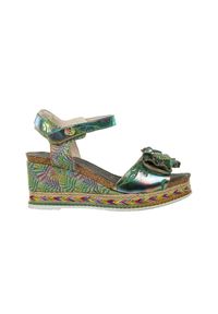 Sandały Laura Vita Hacdeo 09 Olive 202045, Zielony, Skóra naturalna - 40. Zapięcie: rzepy. Kolor: zielony. Materiał: skóra. Wzór: aplikacja, paski. Obcas: na koturnie. Styl: elegancki. Wysokość obcasa: średni #1
