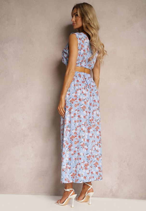 Renee - Niebieski Komplet Dwuczęściowy Top bez Rękawów Spódnica z Gumką w Talii w Kwiaty Dimanisa. Kolor: niebieski. Materiał: jeans. Wzór: kwiaty