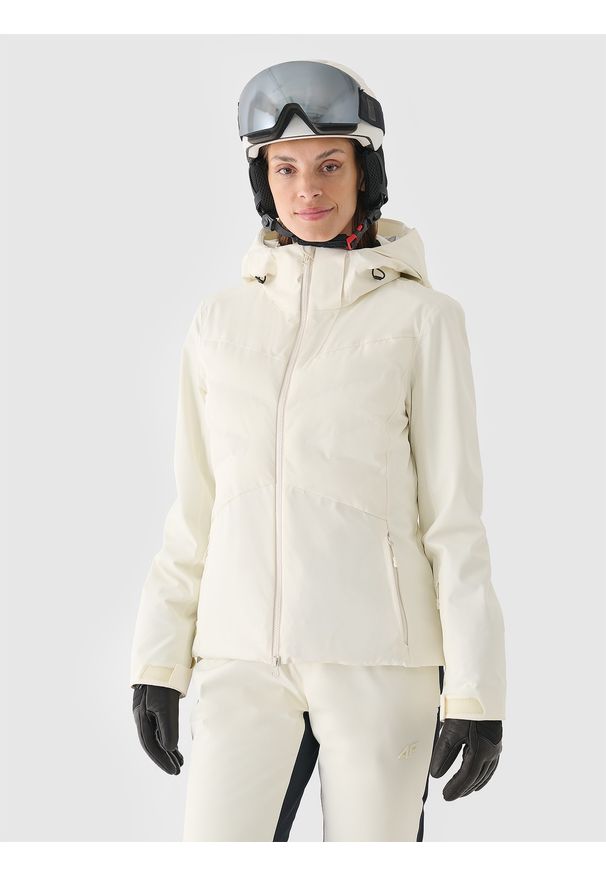 4f - 4F Kurtka narciarska membrana Dermizax 20000 damska - biała L. Typ kołnierza: kaptur. Kolor: biały. Materiał: dzianina, materiał, puch, tkanina. Długość: długie. Wzór: aplikacja. Sezon: zima. Styl: klasyczny