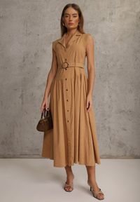 Renee - Beżowa Bawełniano-Wiskozowa Sukienka Koszulowa Bez Rękawów z Paskiem Athithoe. Okazja: na co dzień. Kolor: beżowy. Materiał: wiskoza, bawełna. Długość rękawa: bez rękawów. Typ sukienki: koszulowe. Styl: casual, elegancki #2